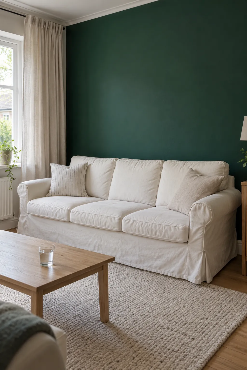 An ivory slipcovered sofa against a deep emerald wall with light linen curtains