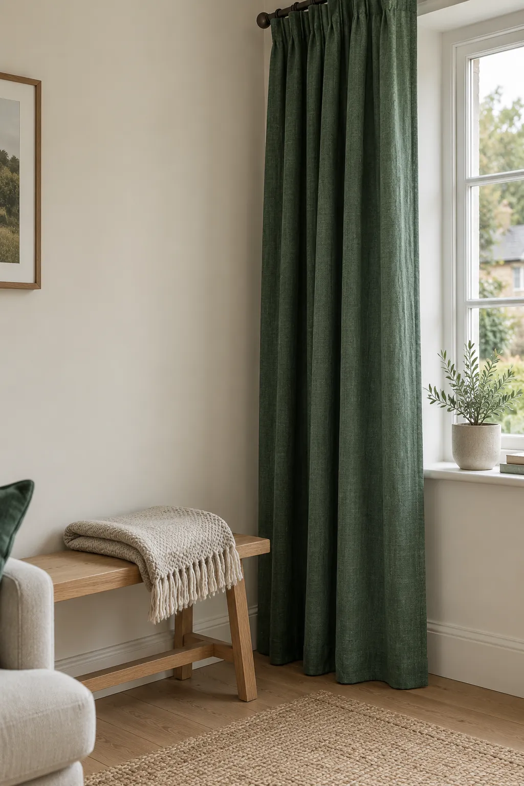 Emerald curtain beside cream wall and oatmeal textile