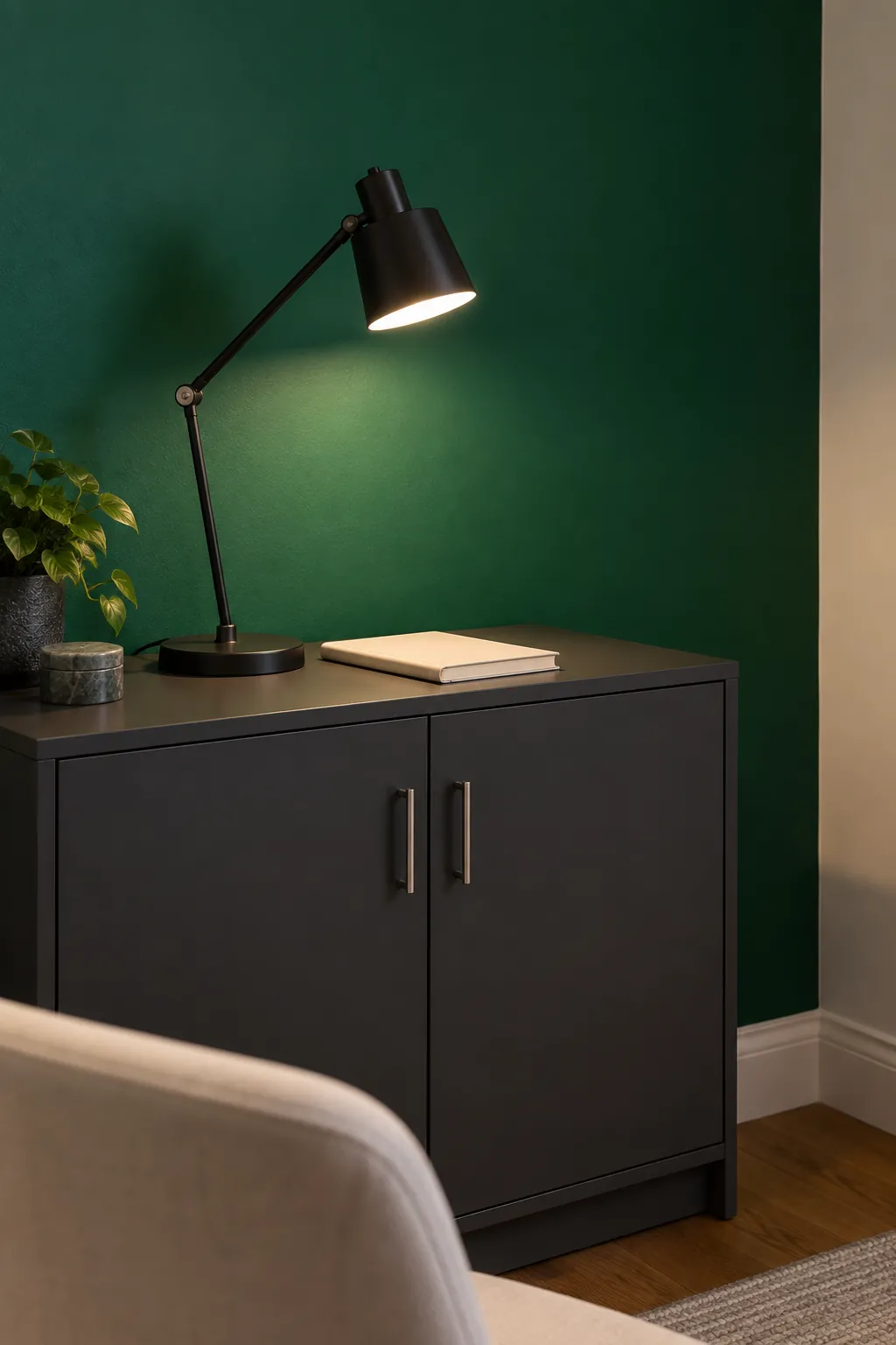 An emerald painted study wall with a charcoal cabinet and thin black desk lamp