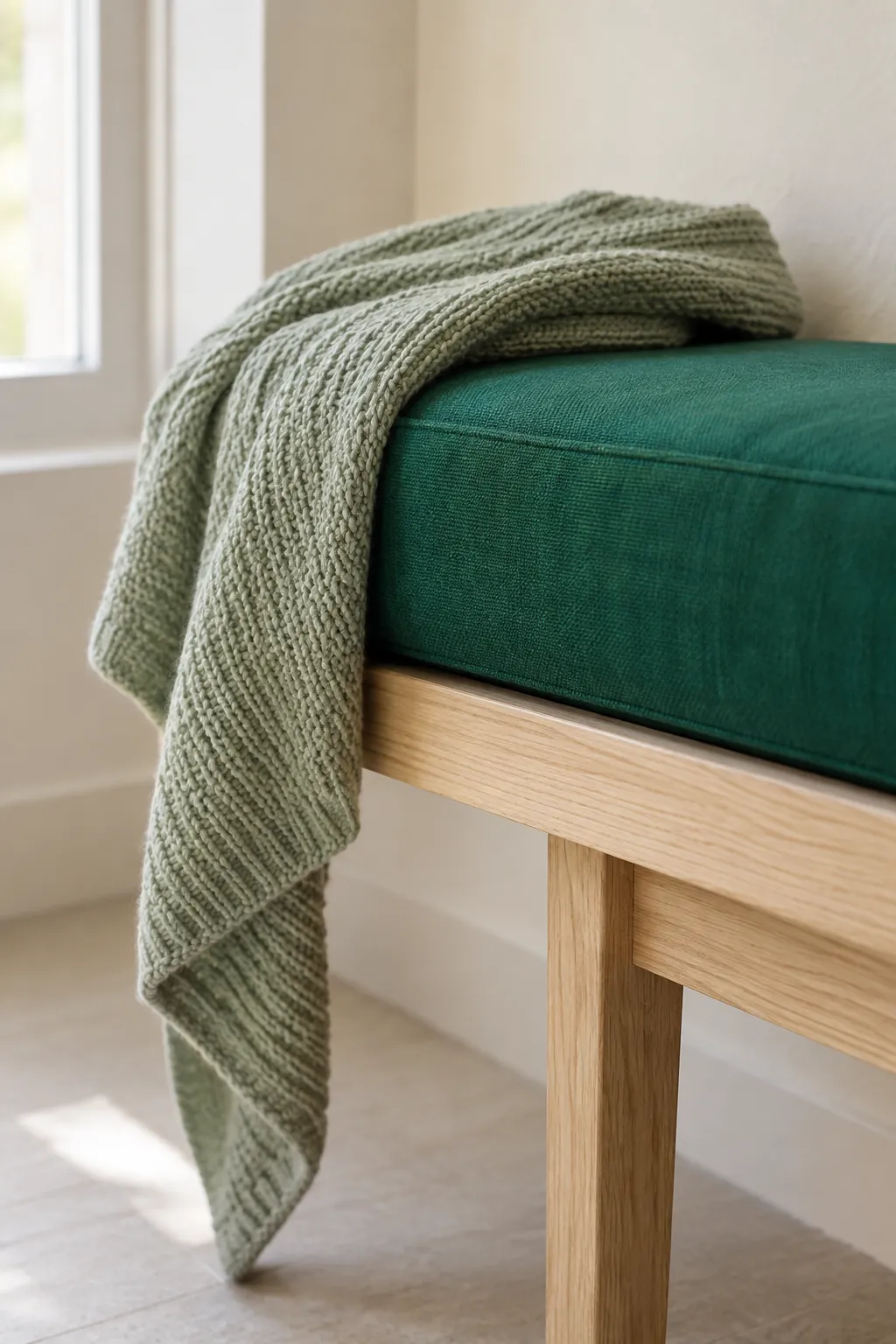 An emerald bench cushion with a visibly lighter sage throw and cream wall behind