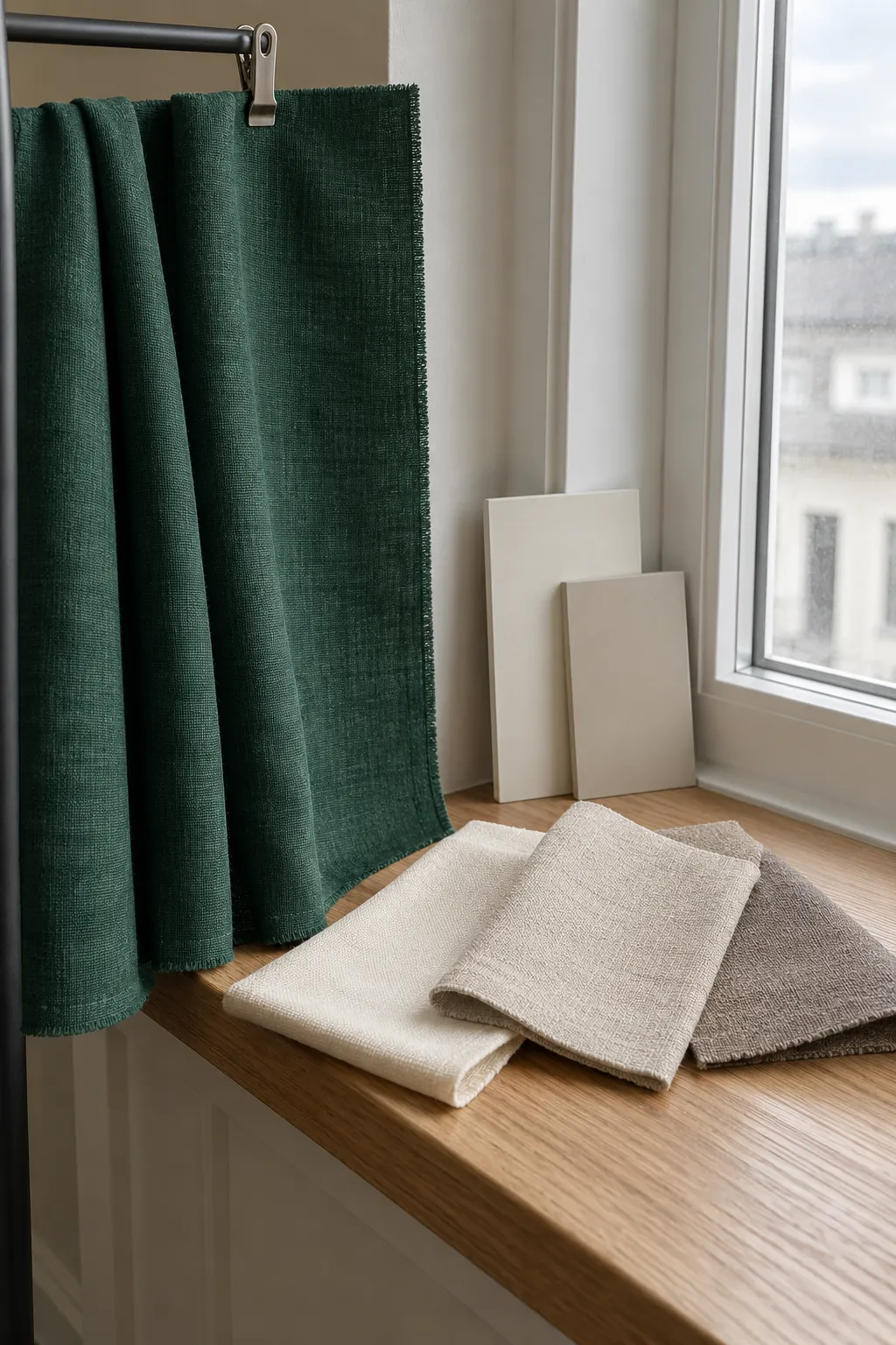 Emerald curtain fabric and cream, oatmeal and taupe samples resting beside a real window