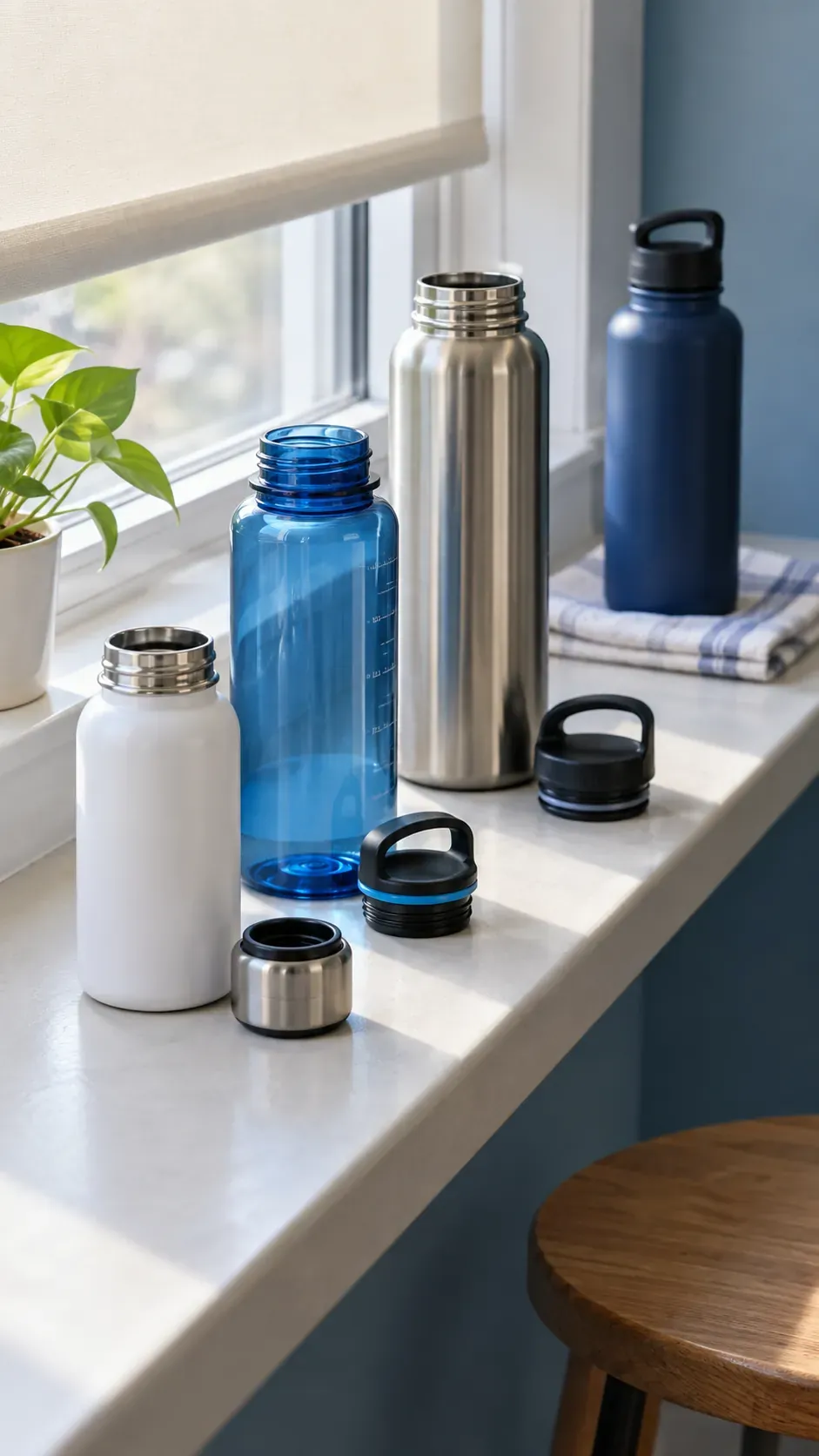 Water bottles with no regular role during a small apartment reset