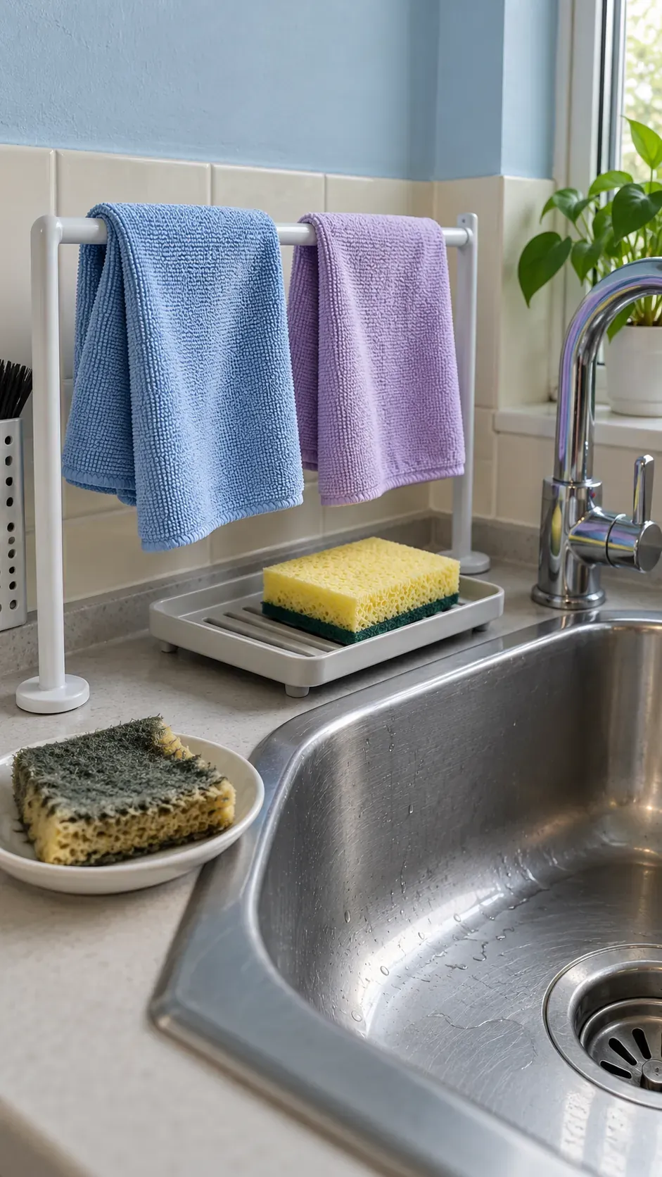 Unusable cleaning cloths and sponges during a small apartment reset