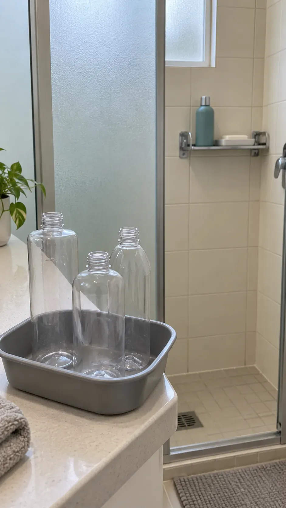 Empty toiletry bottles during a small apartment reset