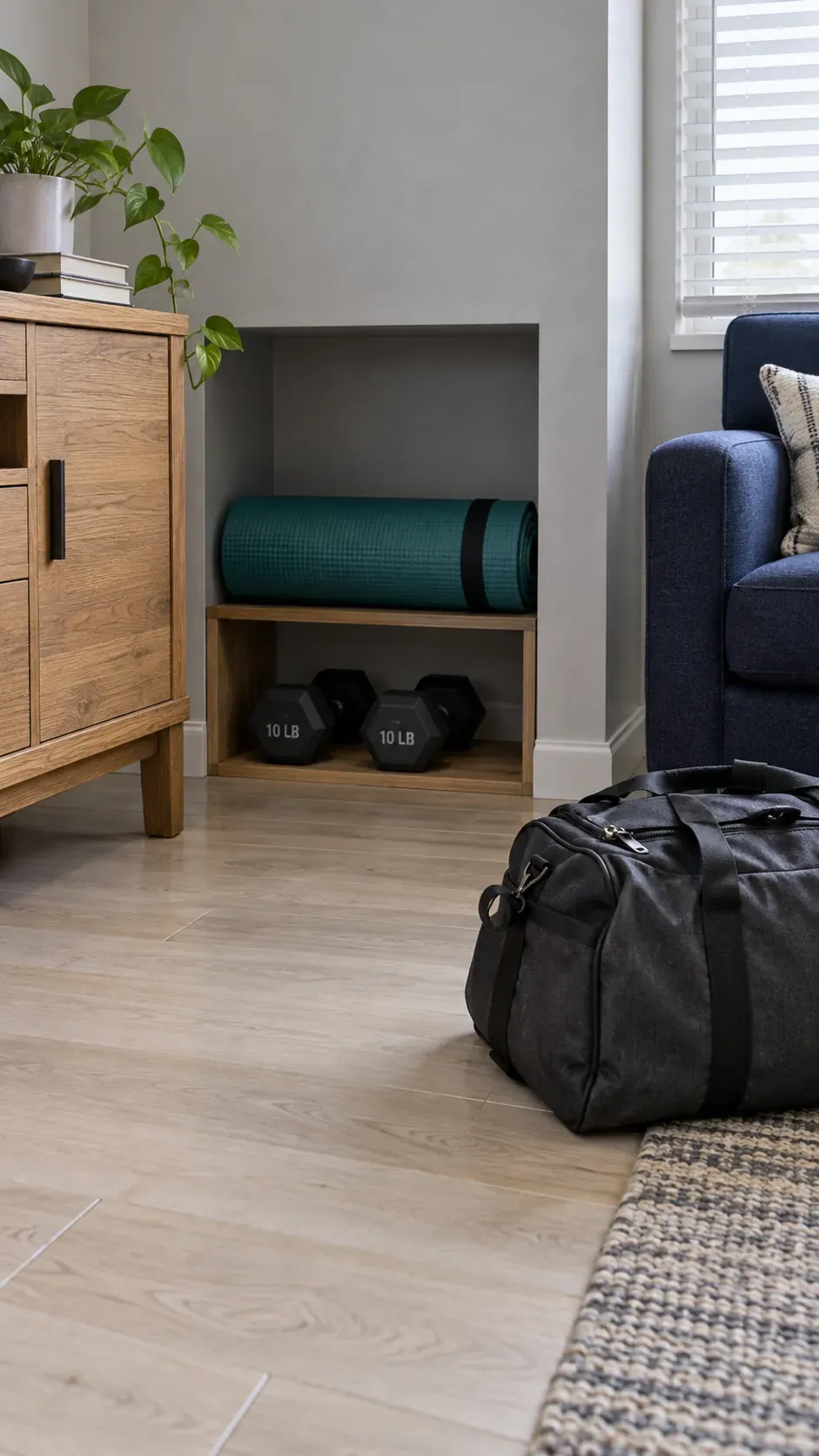Bulky sports equipment with no current role during a small apartment reset