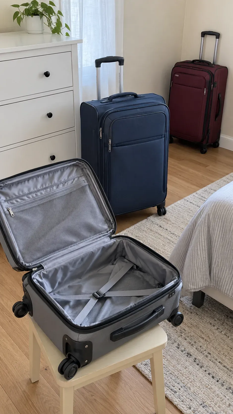 Suitcases beyond your travel needs during a small apartment reset