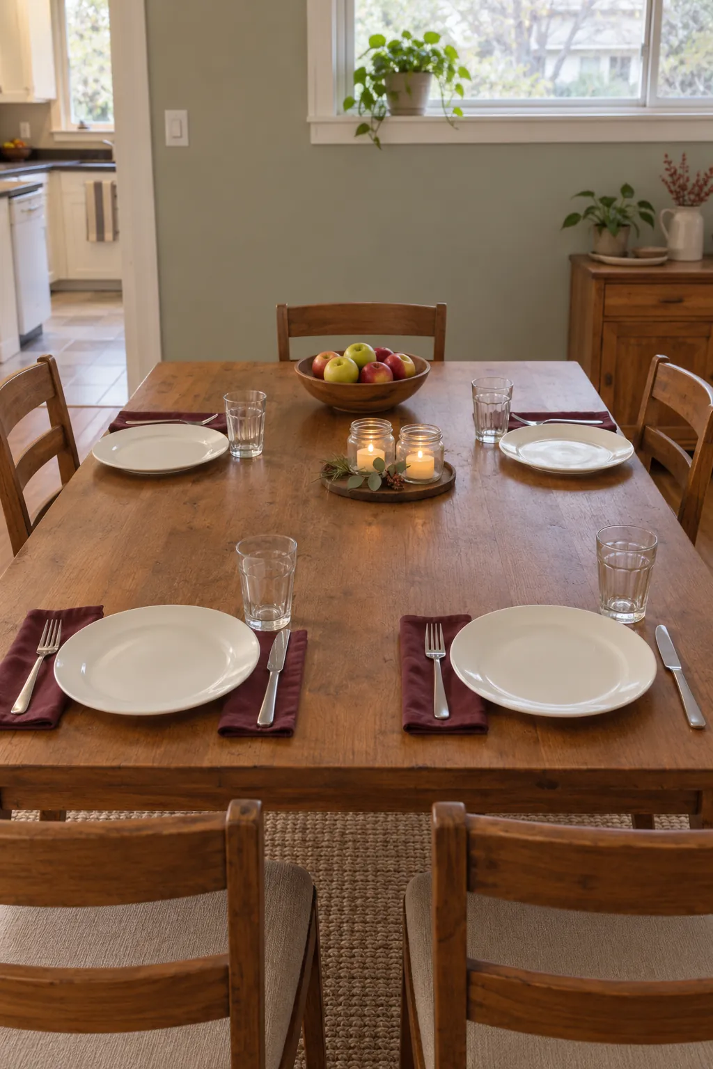 Thanksgiving table with small seasonal decorations and everyday dinnerware