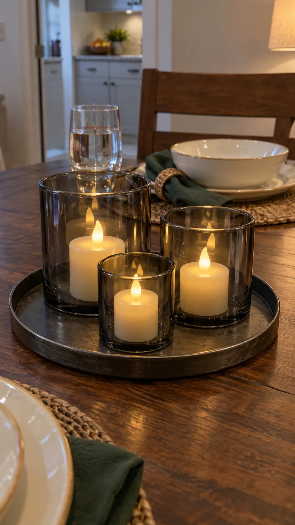 Smoky Glass with Flameless Votives for a moody Thanksgiving tablescape