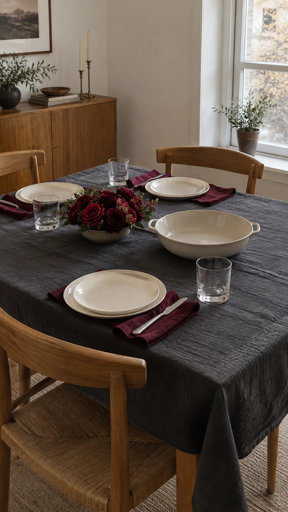 Moody Thanksgiving dining table with dark linens and low seasonal details
