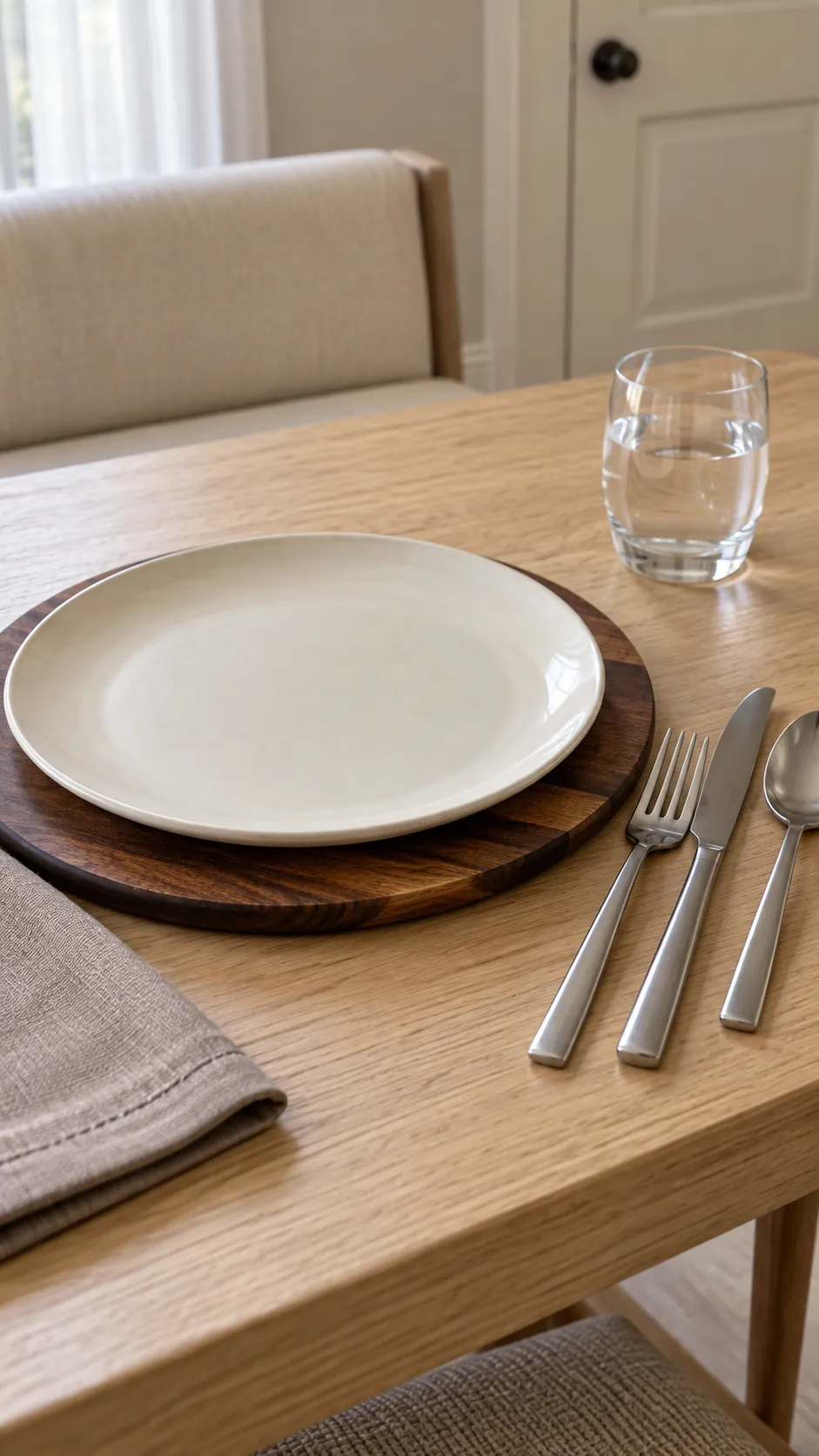 Wood Chargers and Slender Steel Flatware for a moody Thanksgiving tablescape