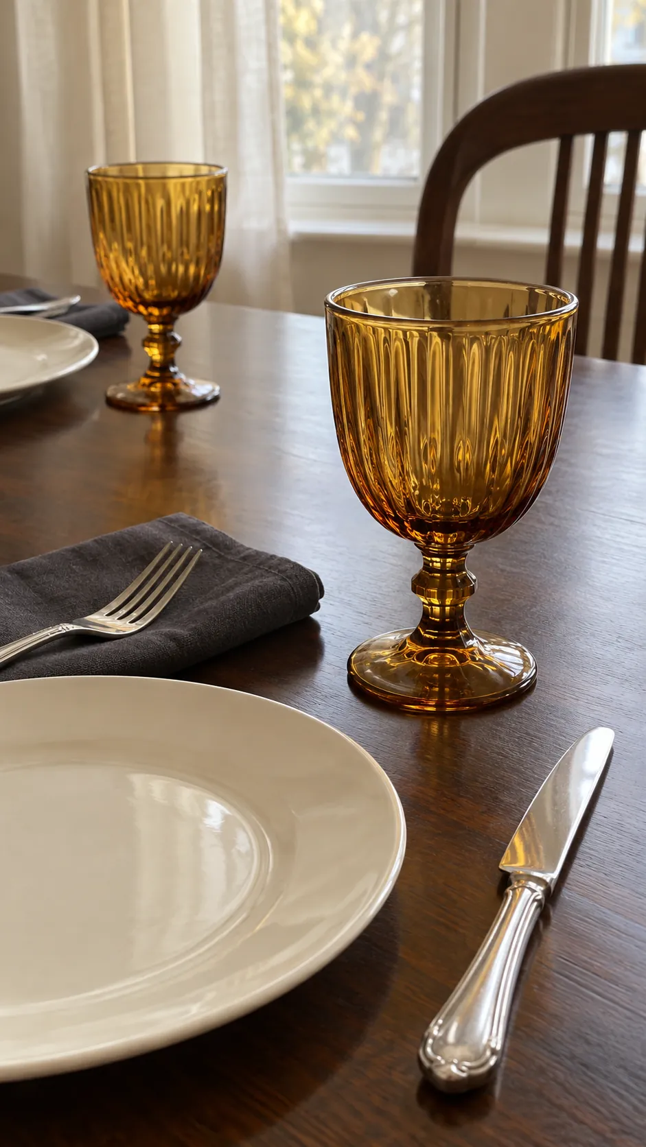 Amber Goblets and Clean Silver for a moody Thanksgiving tablescape