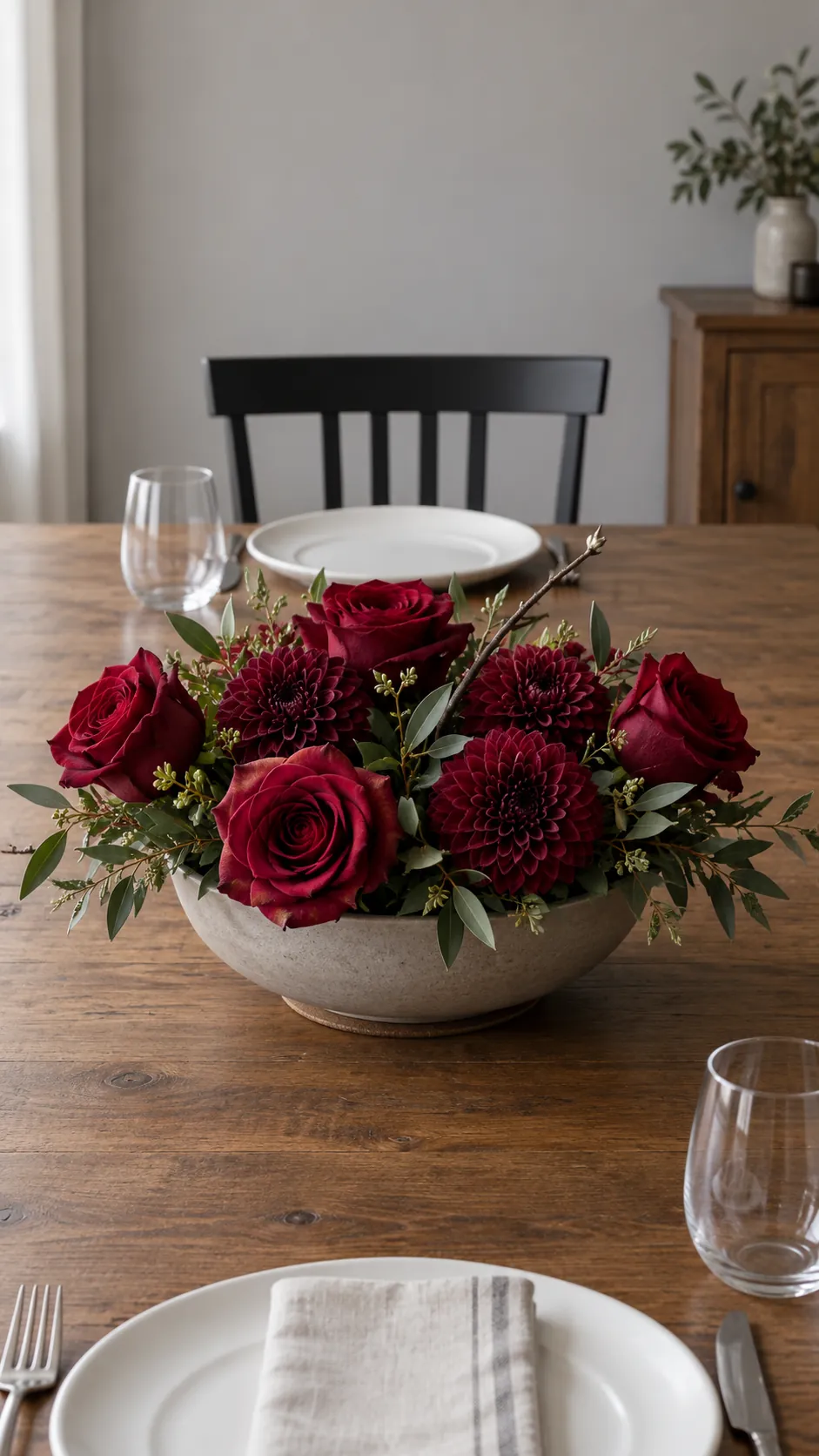 Burgundy Flowers in a Shallow Bowl for a moody Thanksgiving tablescape