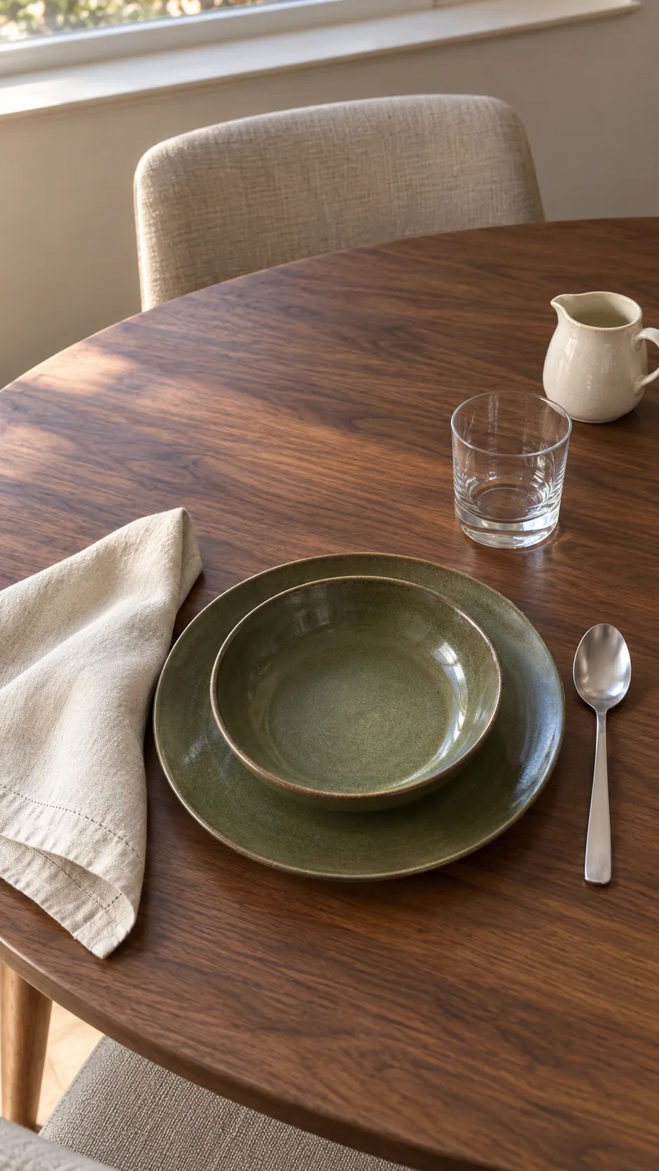 Moss Stoneware with Ivory Napkins for a moody Thanksgiving tablescape