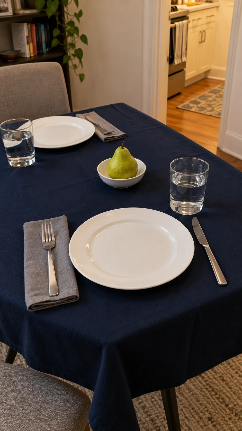Ink Blue Cloth with White Dishes for a moody Thanksgiving tablescape