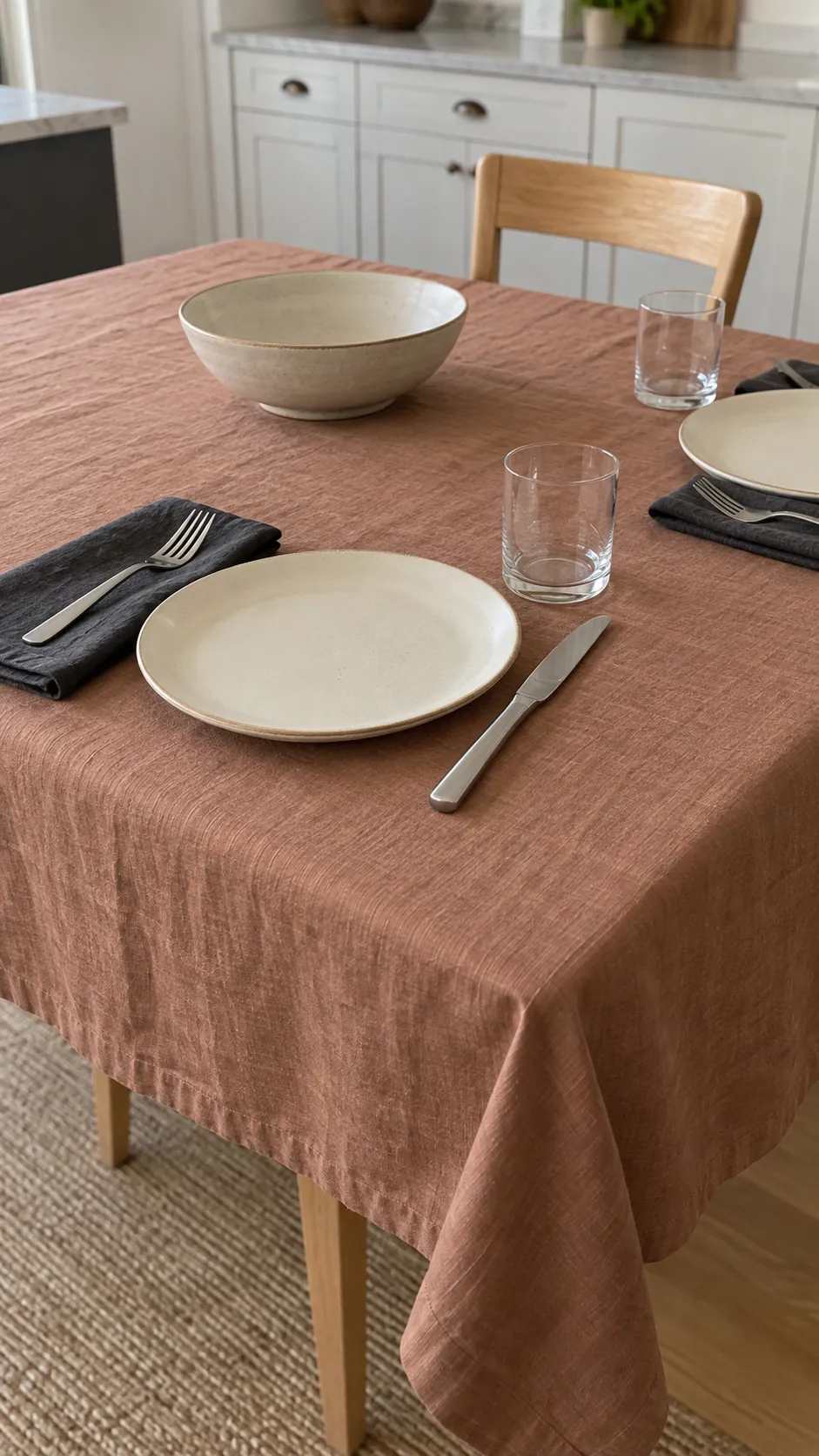 Clay Linen with a Charcoal Border for a moody Thanksgiving tablescape