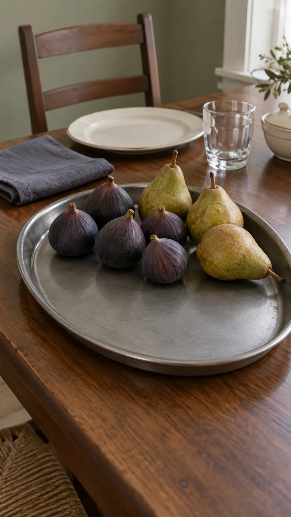A Pewter Tray of Dark Fruit for a moody Thanksgiving tablescape