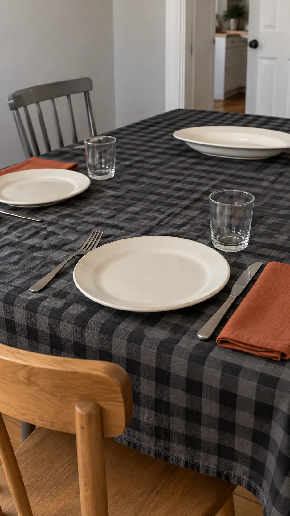 A Dark Checked Cloth for Casual Hosting for a moody Thanksgiving tablescape