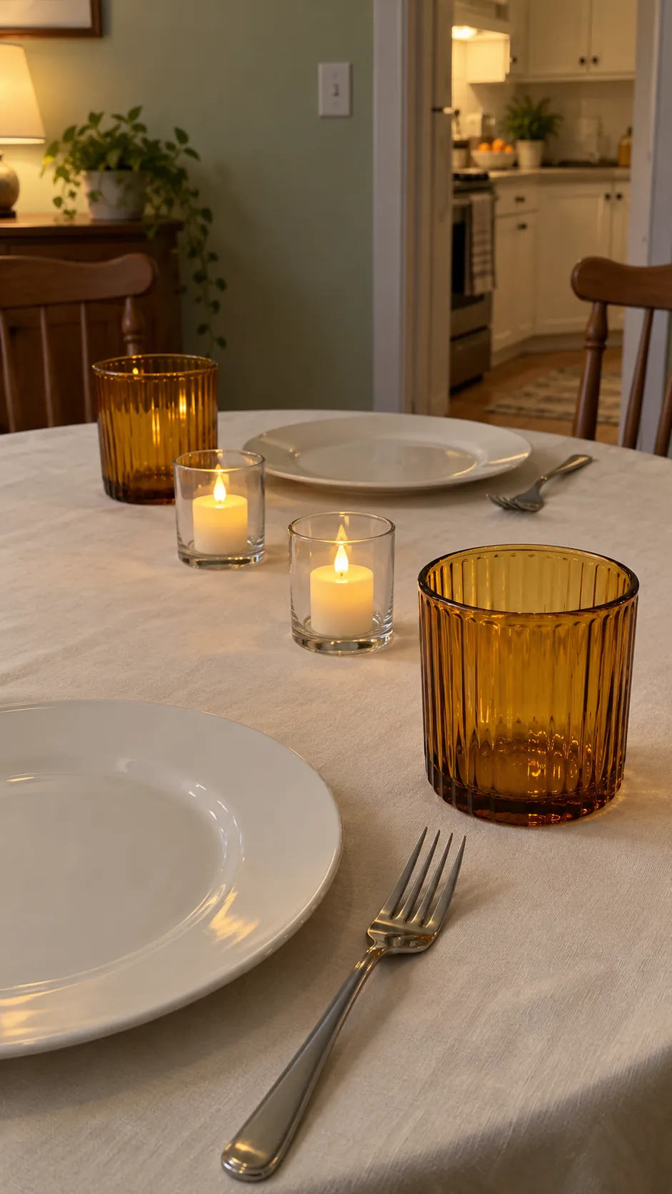Amber Glass and Battery Votives in a vintage Thanksgiving setting