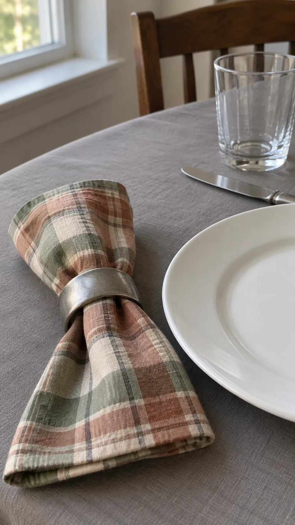 Muted Plaid Napkins with Plain Rings in a vintage Thanksgiving setting