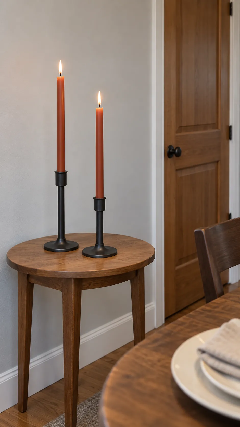 Rust Tapers in Stable Metal Holders in a vintage Thanksgiving setting