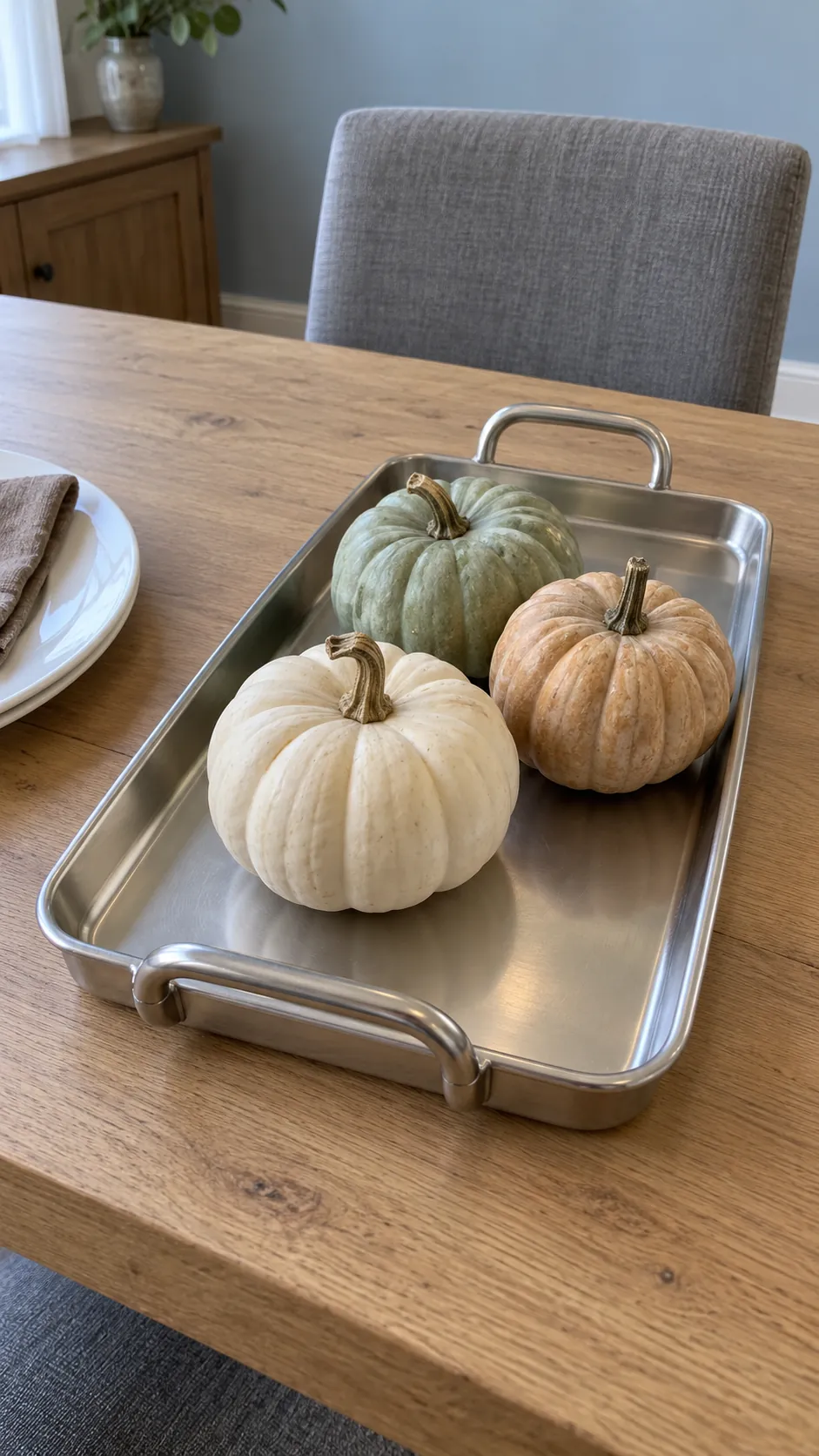One Silver Tray with Small Pumpkins in a vintage Thanksgiving setting