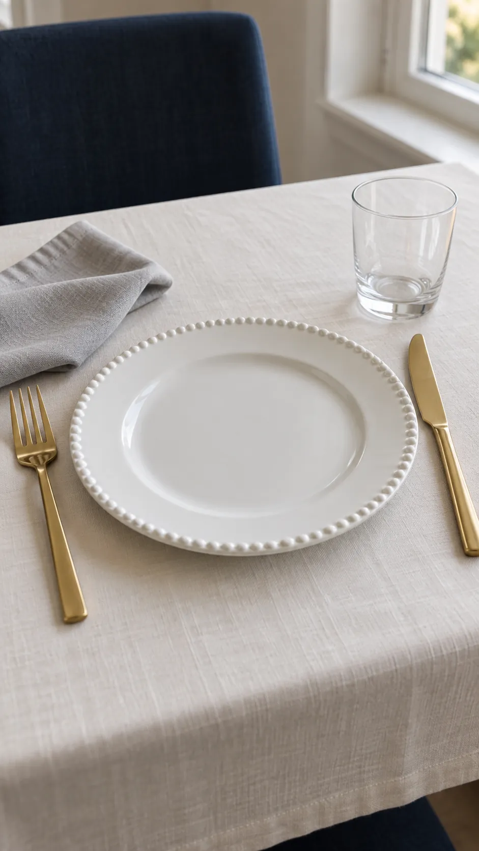 Gold Flatware with Beaded White Plates in a vintage Thanksgiving setting