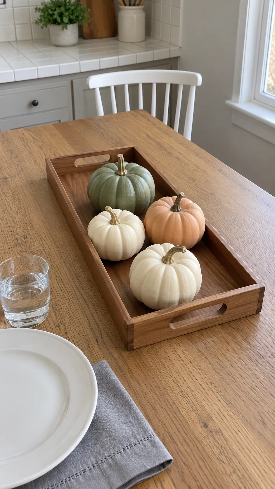 Soft Pumpkins on a Low Wood Tray in a vintage Thanksgiving setting