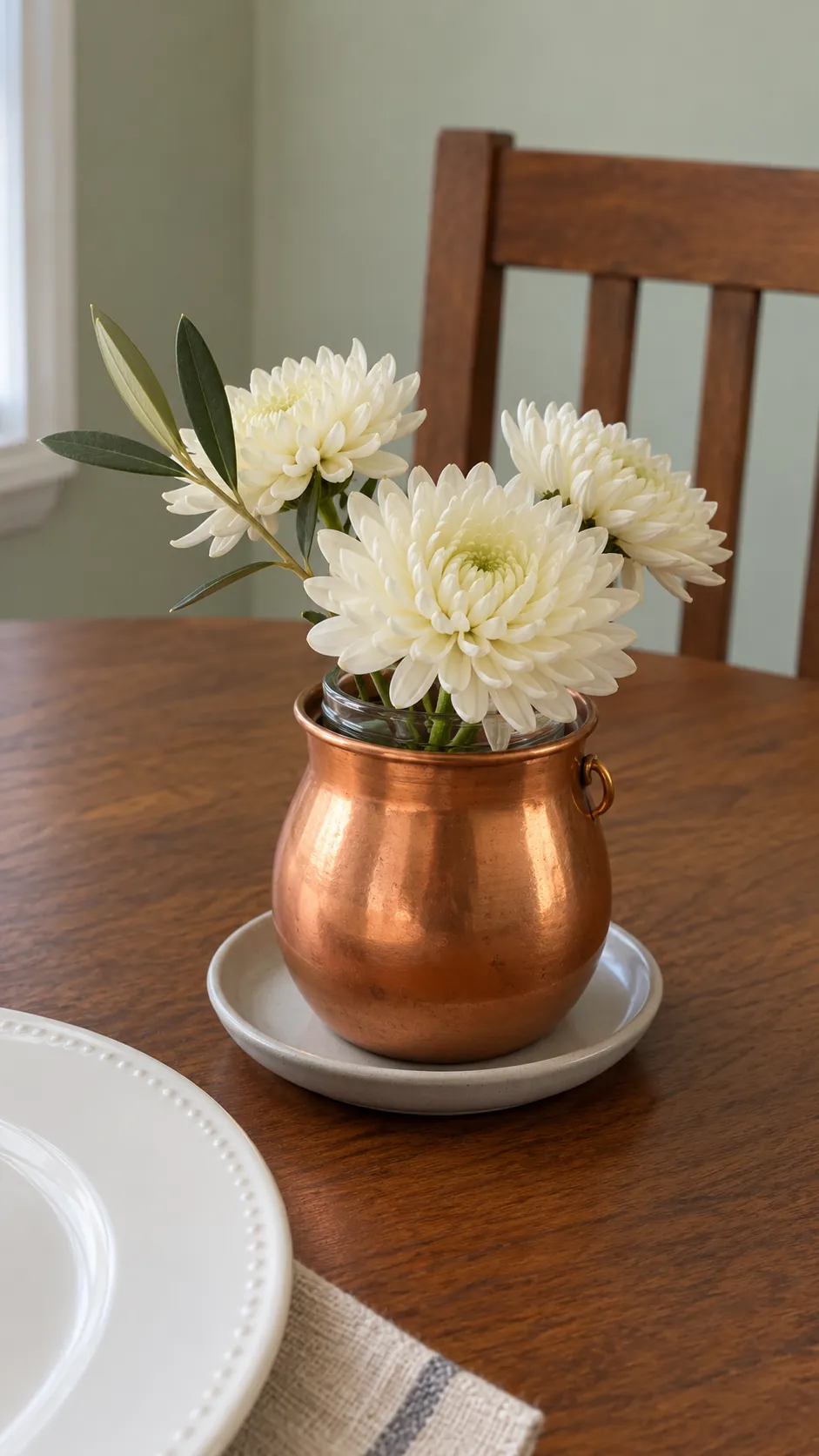 A Copper Vase with a Glass Liner in a vintage Thanksgiving setting