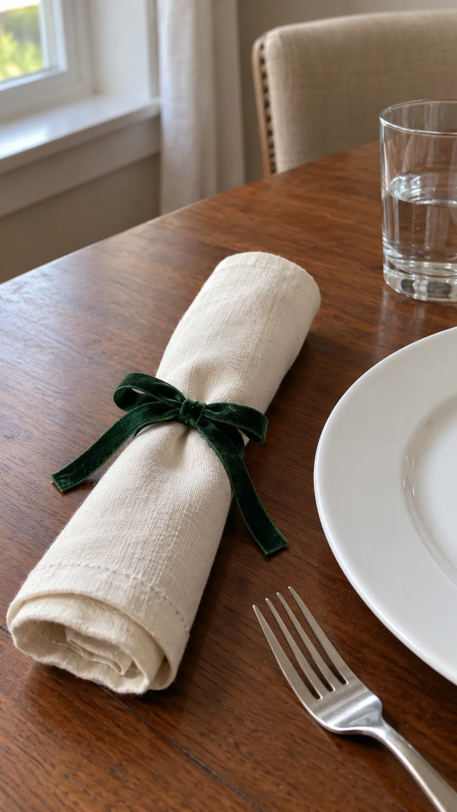 Velvet Ribbon on Rolled Napkins in a vintage Thanksgiving setting
