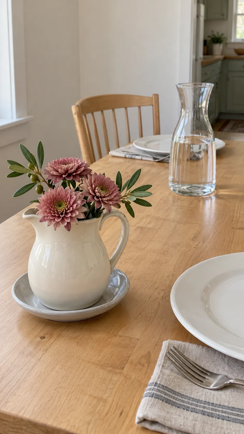 A Cream Pitcher with Short Seasonal Flowers in a vintage Thanksgiving setting