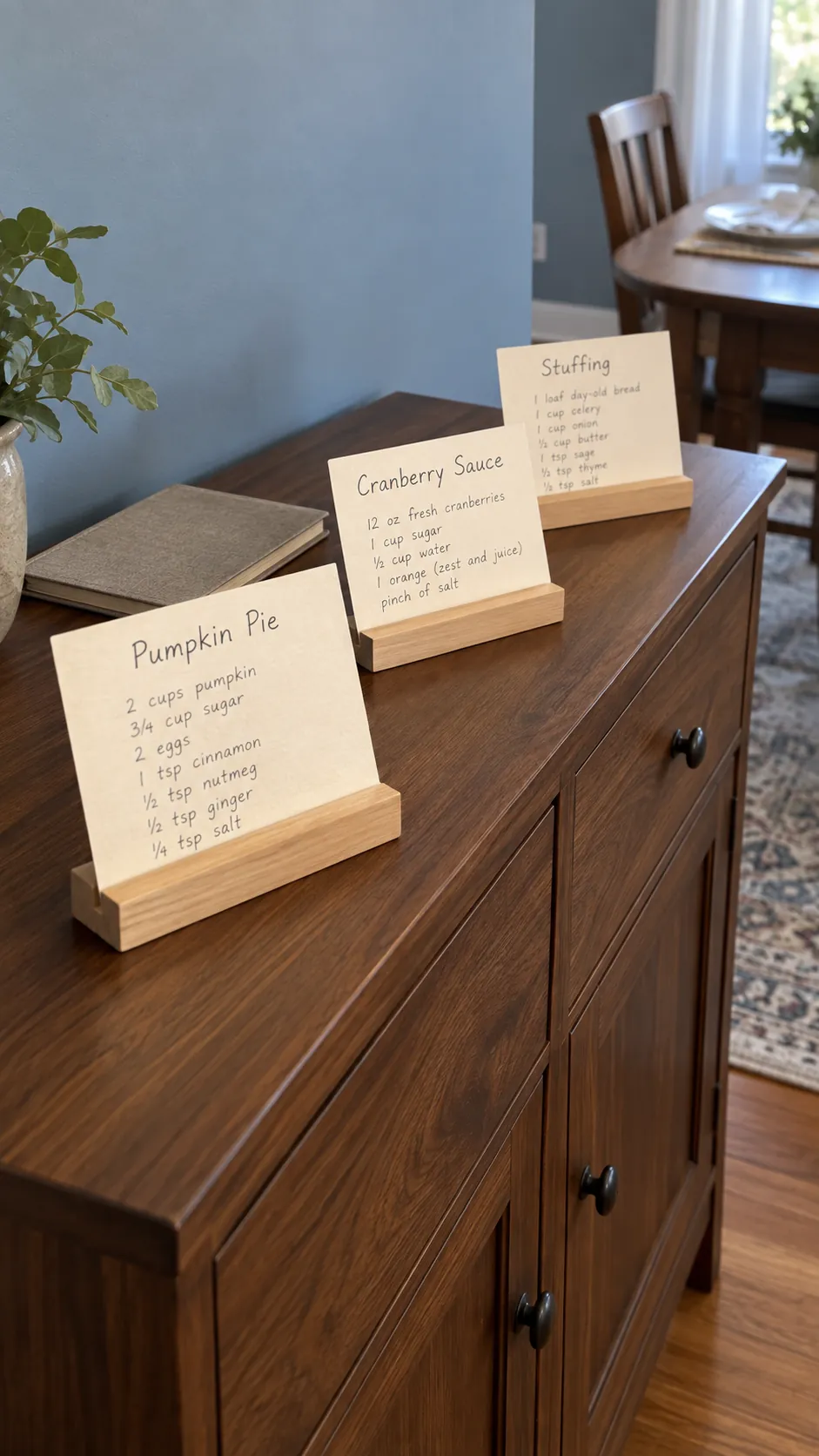 A Sideboard Display of Recipe Cards in a vintage Thanksgiving setting