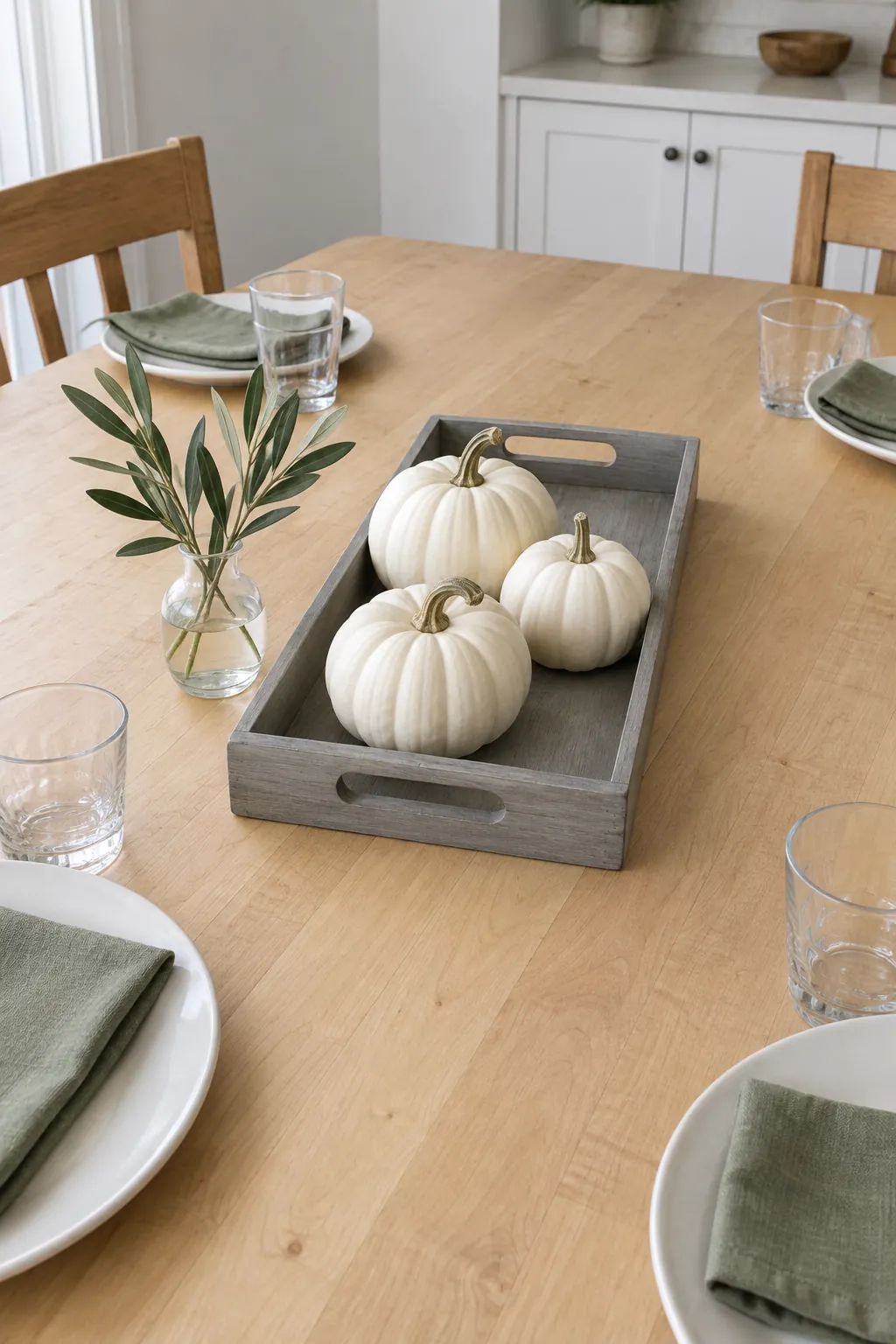 White Pumpkins in a Removable Group for an elegant Thanksgiving tablescape