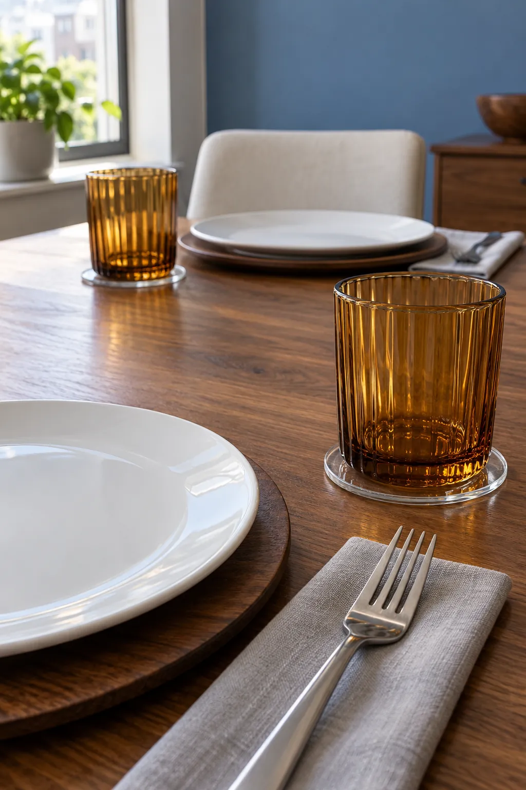 Amber Glasses on a Bare Wood Table for an elegant Thanksgiving tablescape