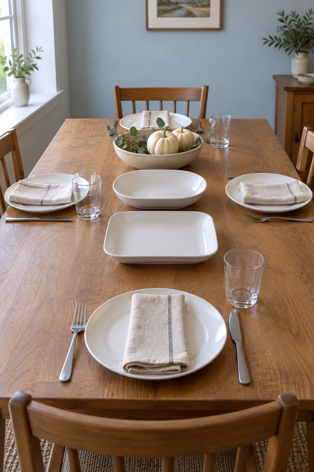 Elegant Thanksgiving table with refined linens and space for shared dinner dishes