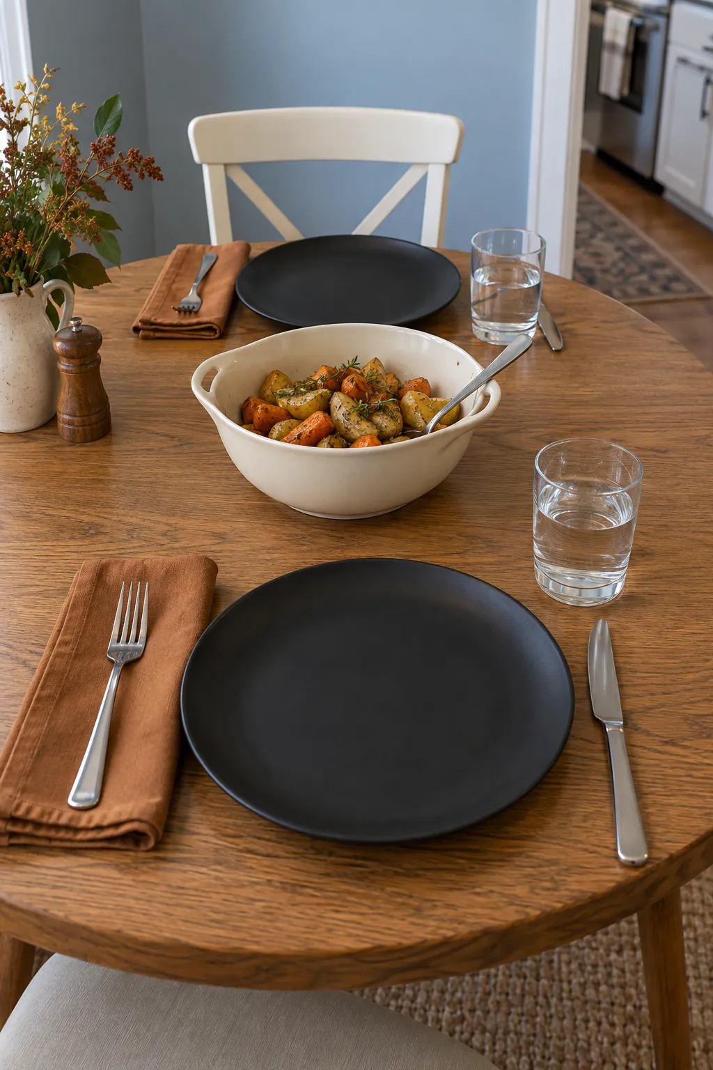 Black Plates with Caramel Napkins for an elegant Thanksgiving tablescape