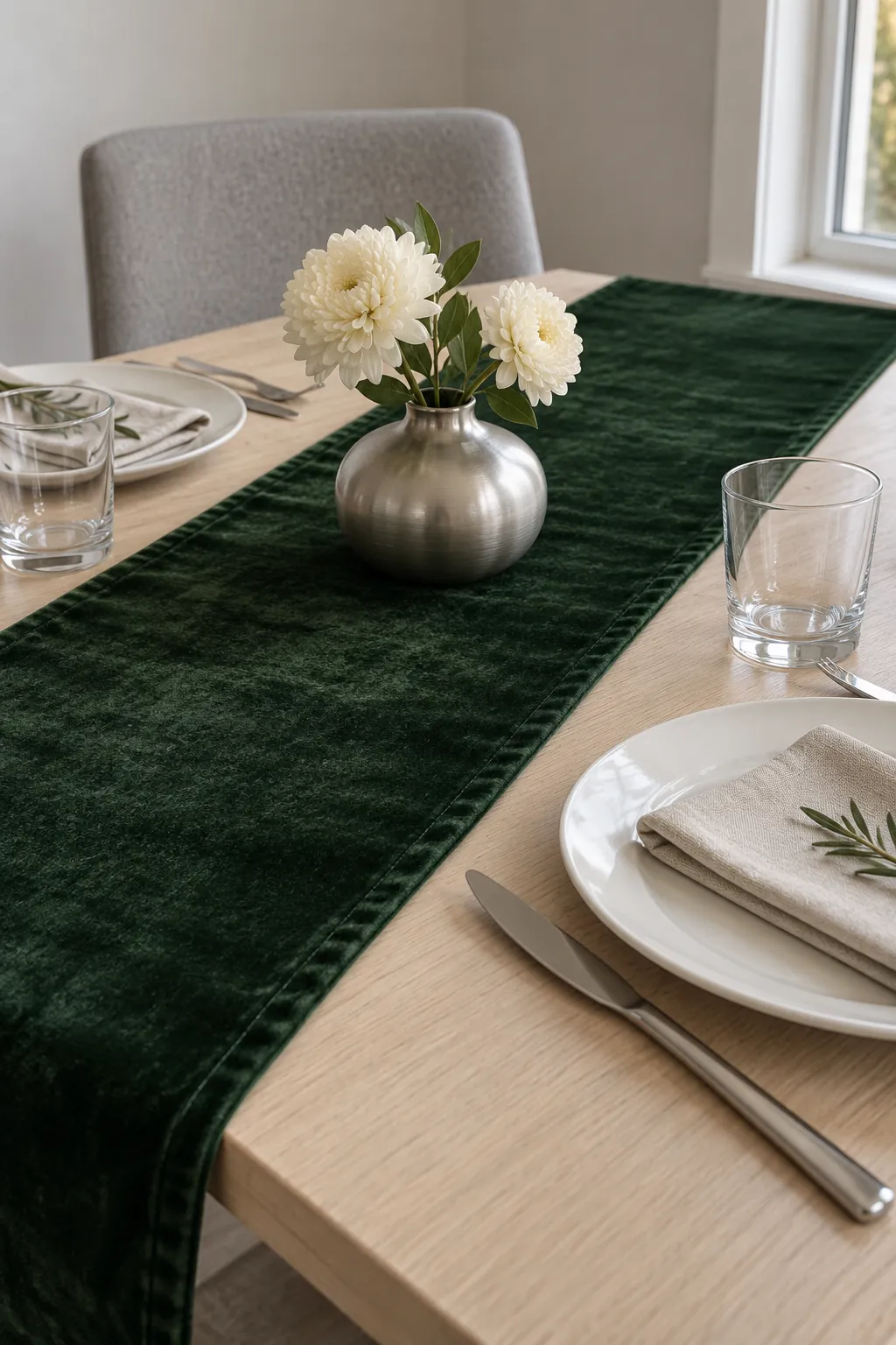 Forest Velvet with a Brushed Metal Vase for an elegant Thanksgiving tablescape