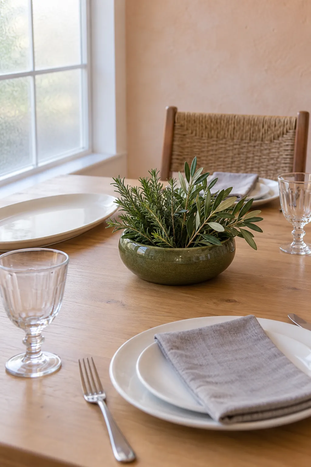 Short Greens in a Low Ceramic Bowl for an elegant Thanksgiving tablescape