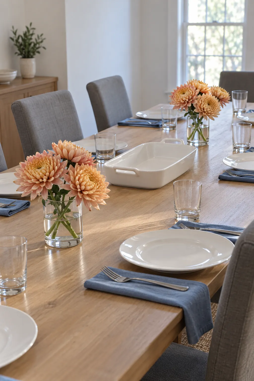 Two Small Flower Arrangements for a Long Table for an elegant Thanksgiving tablescape