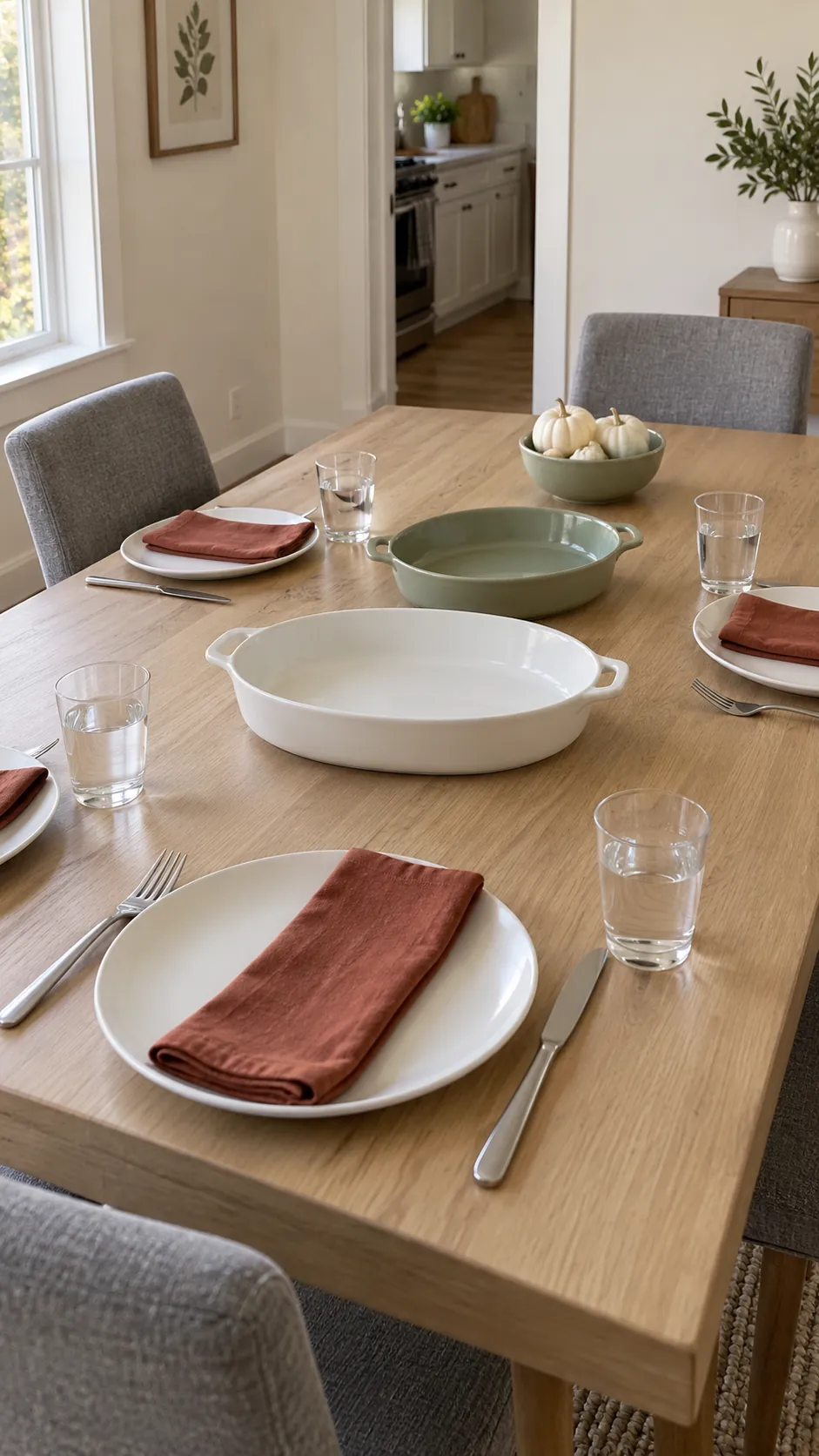 Modern Thanksgiving table with low seasonal accents and space for serving dishes