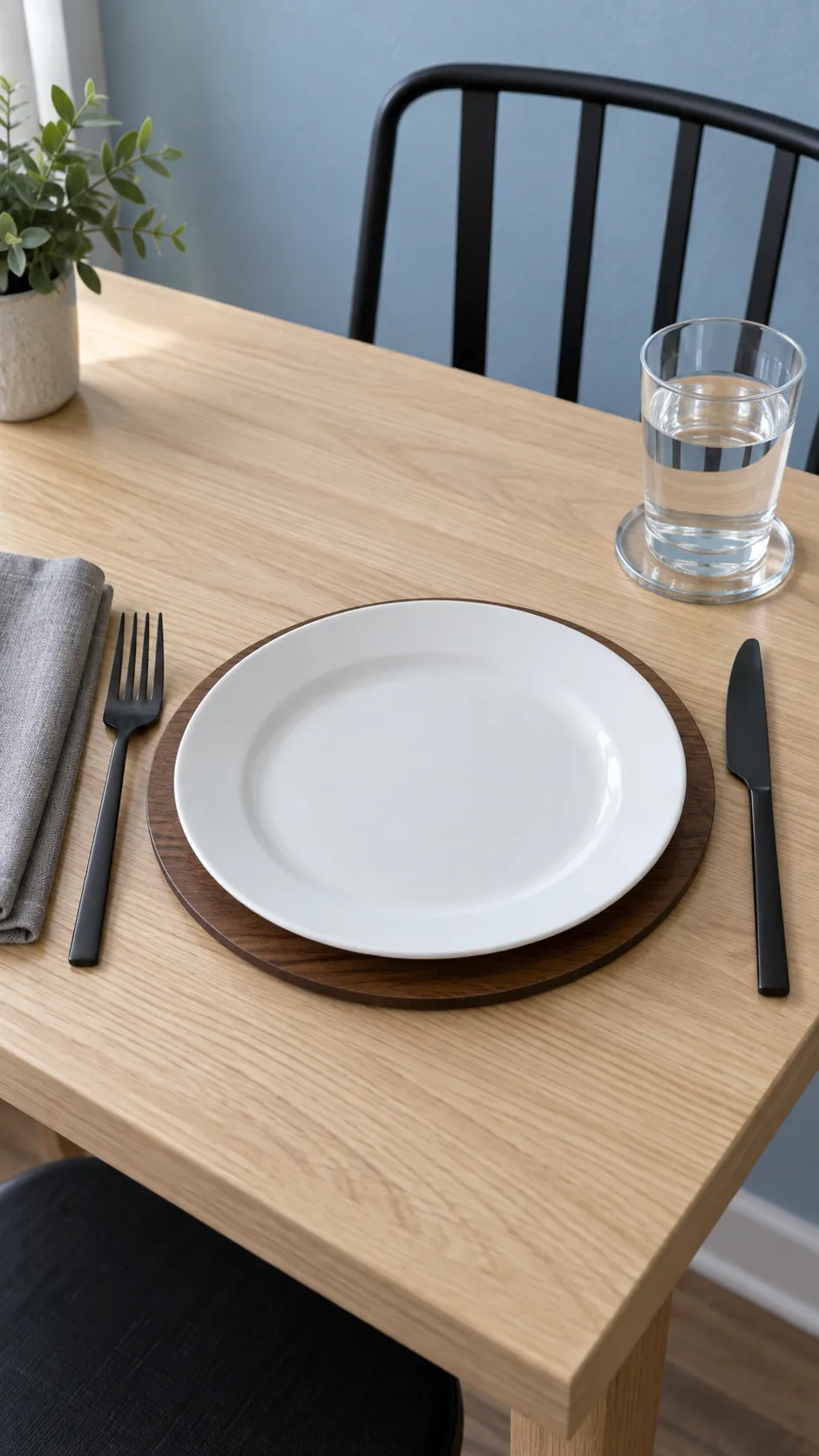 Thin Wood Chargers with Black Cutlery at a practical modern Thanksgiving setting