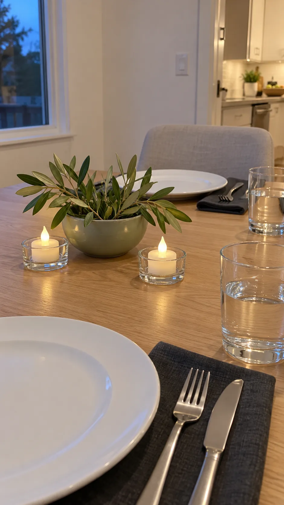 Contained Greens with Battery Tealights at a practical modern Thanksgiving setting