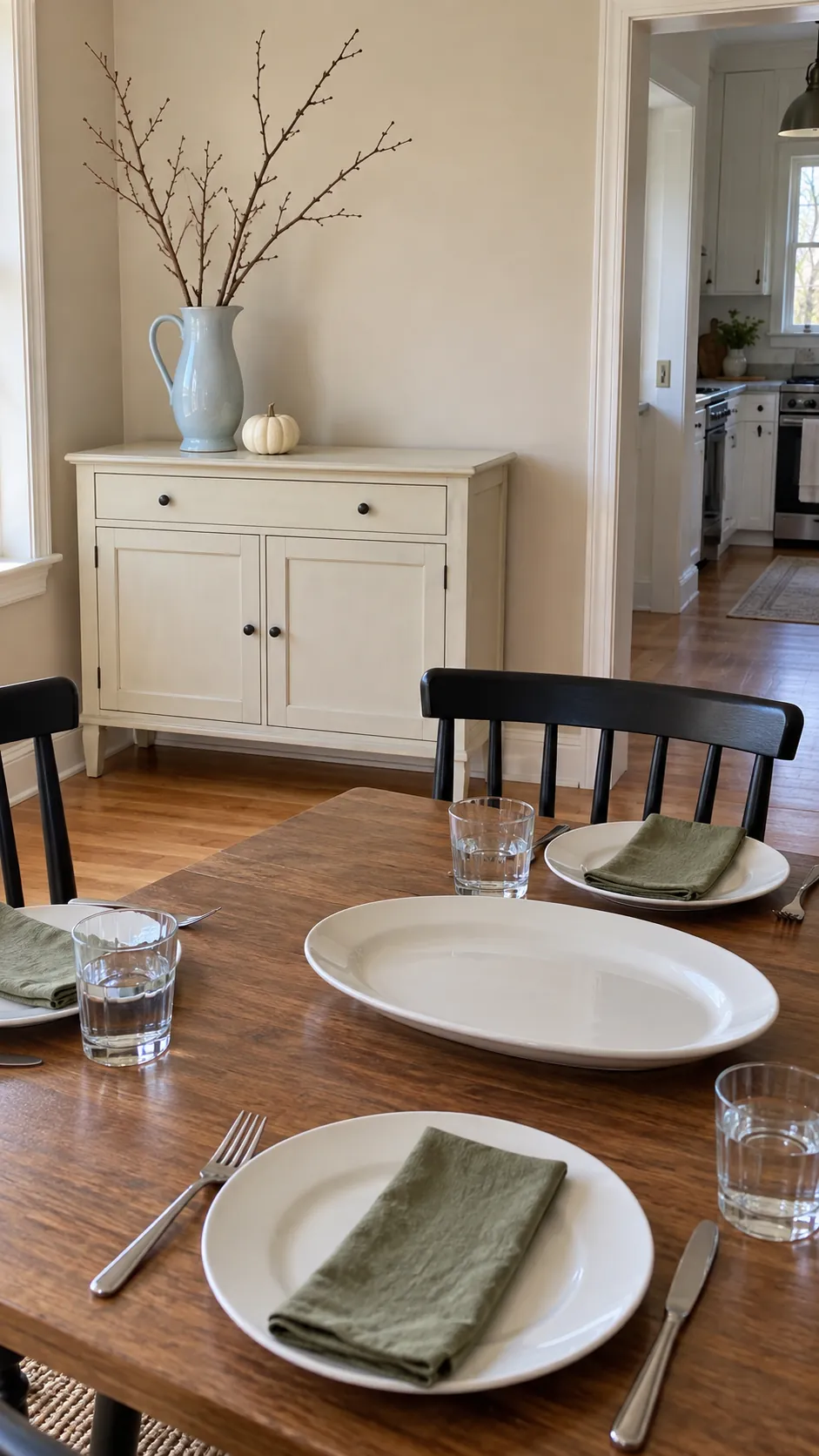 A Ceramic Pitcher on the Sideboard at a practical modern Thanksgiving setting