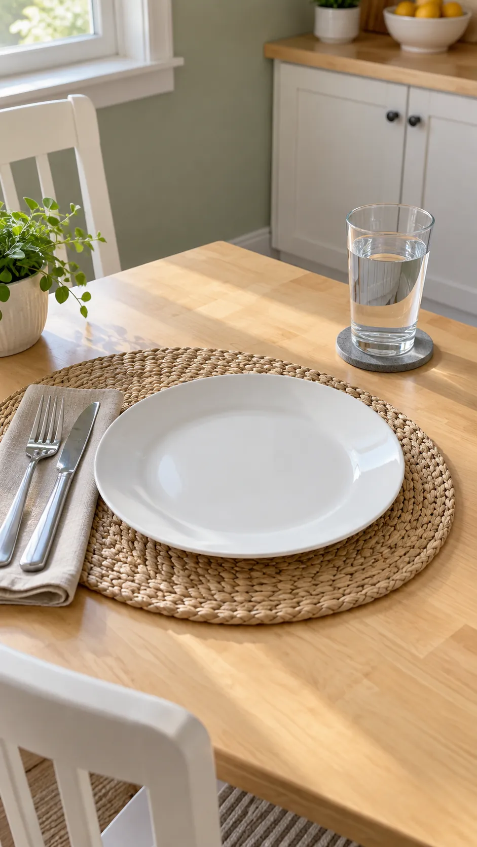 Smooth Woven Mats with Separate Glass Bases at a practical modern Thanksgiving setting