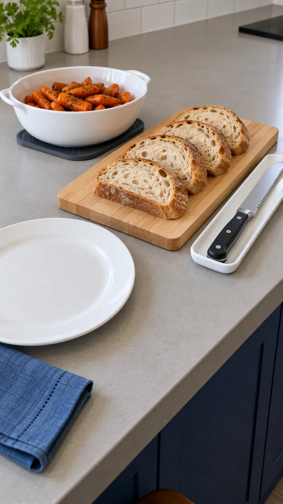 White Serveware with a Dedicated Bread Board at a practical modern Thanksgiving setting