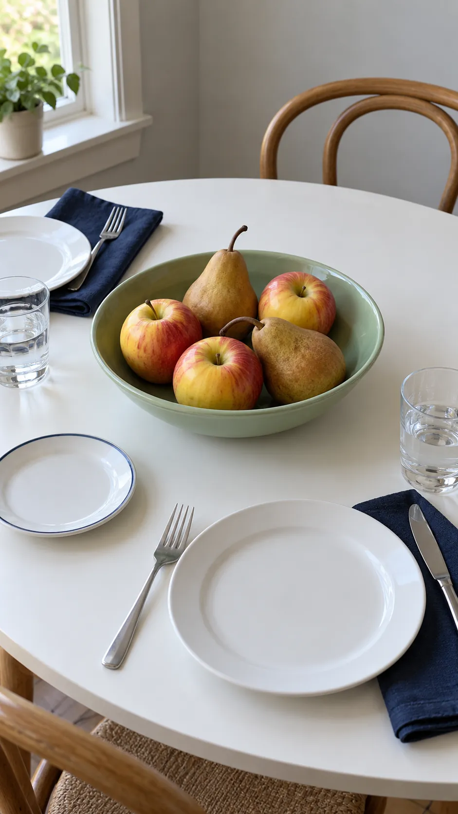 A Low Bowl of Washed Seasonal Fruit at a practical modern Thanksgiving setting