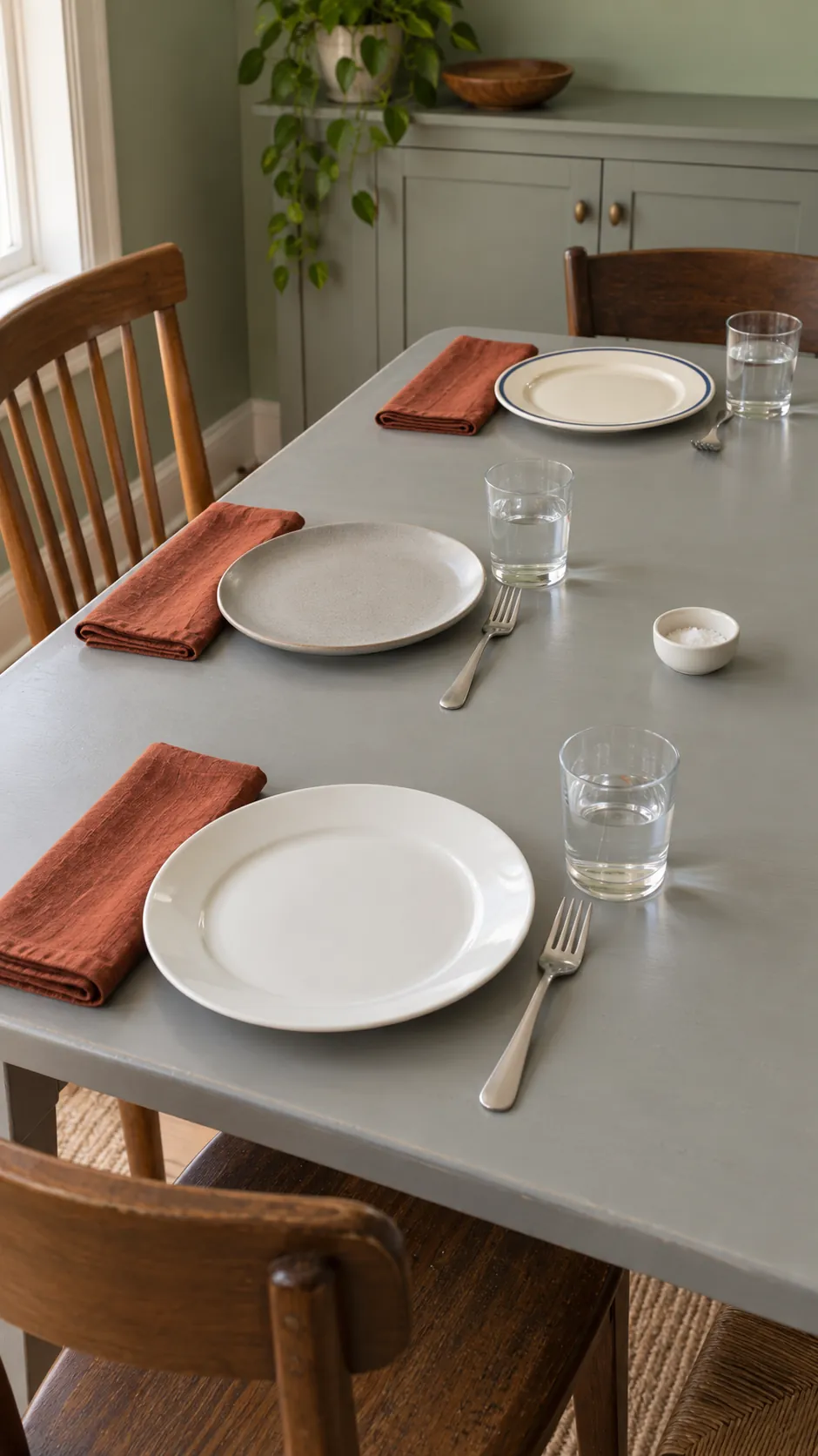 Rust Napkins across Mixed Plates at a practical modern Thanksgiving setting