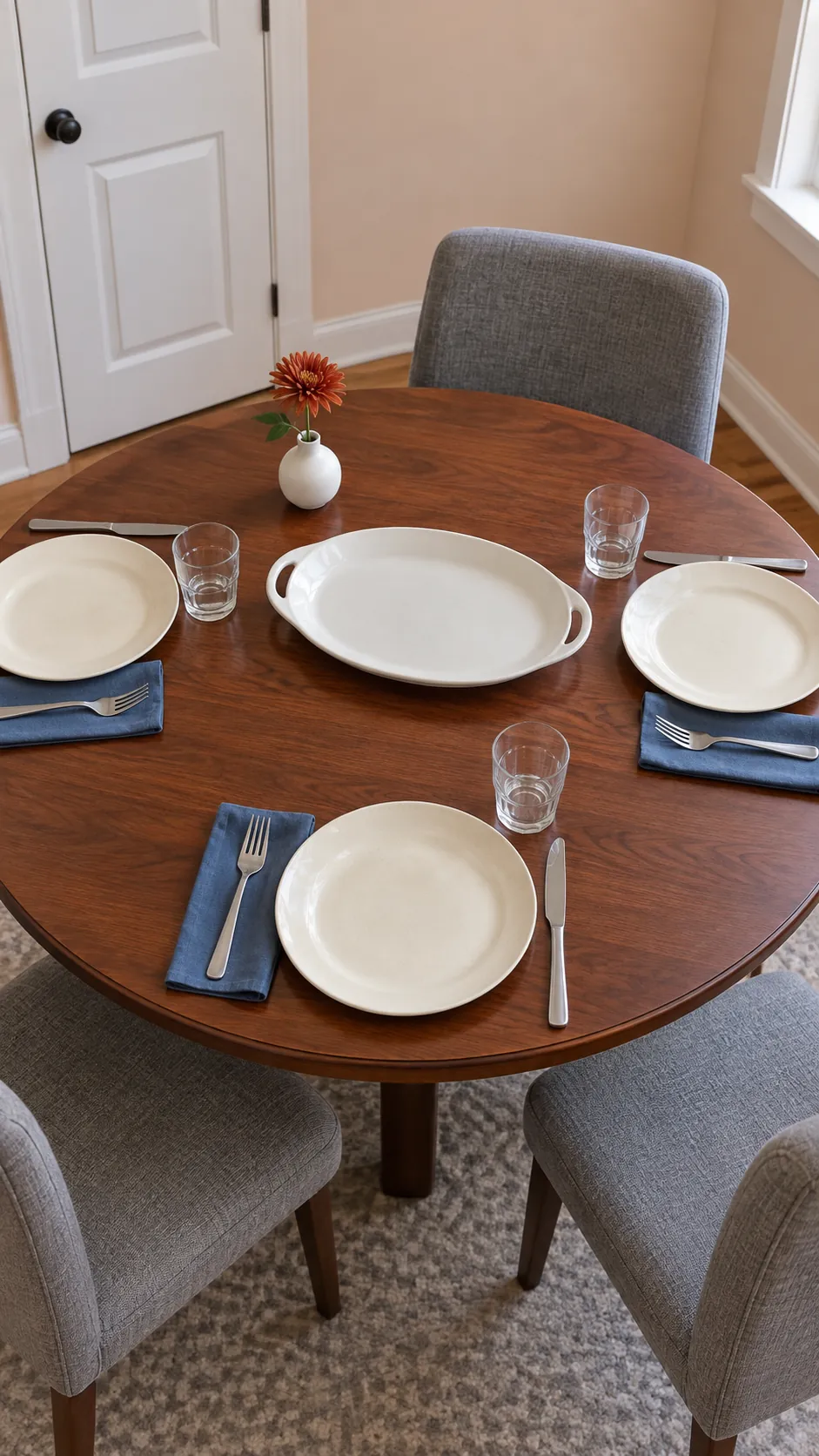 A Round Table with One Offset Accent at a practical modern Thanksgiving setting