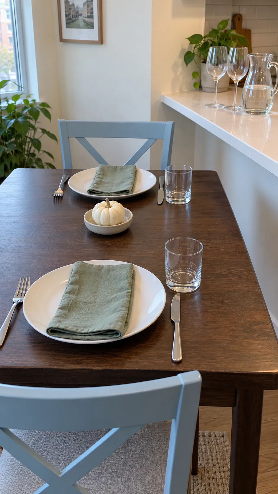 A Small Table with One Glass per Seat at a practical modern Thanksgiving setting