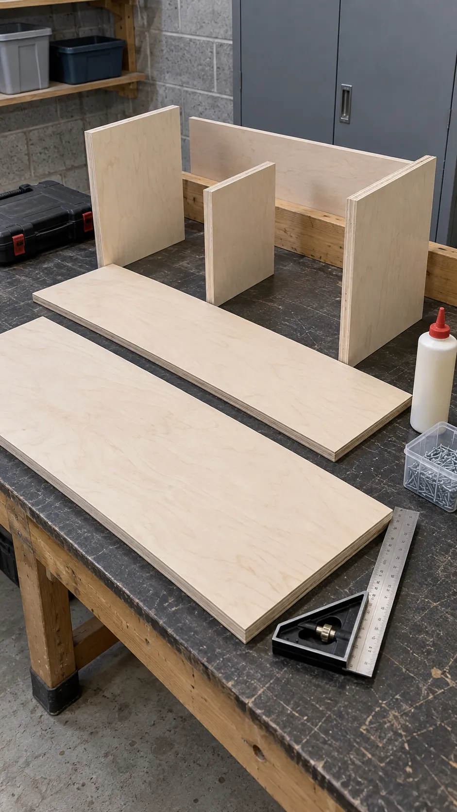 Plywood pieces and tools prepared for a shoe storage bench
