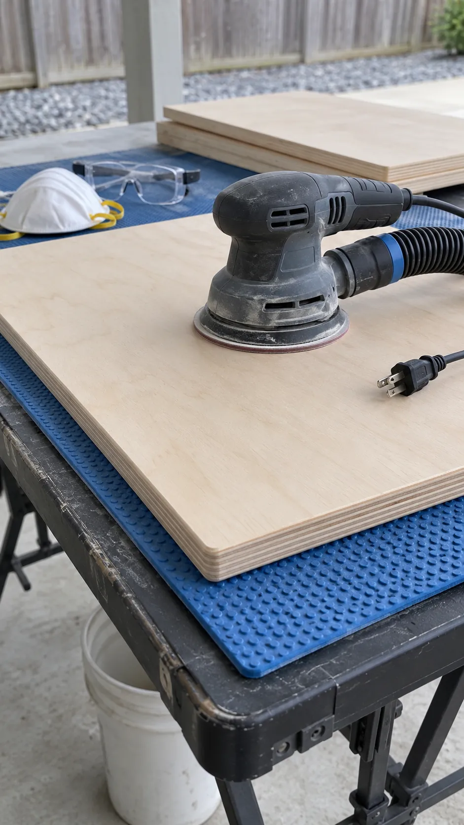Sanded plywood bench panels supported on a work table